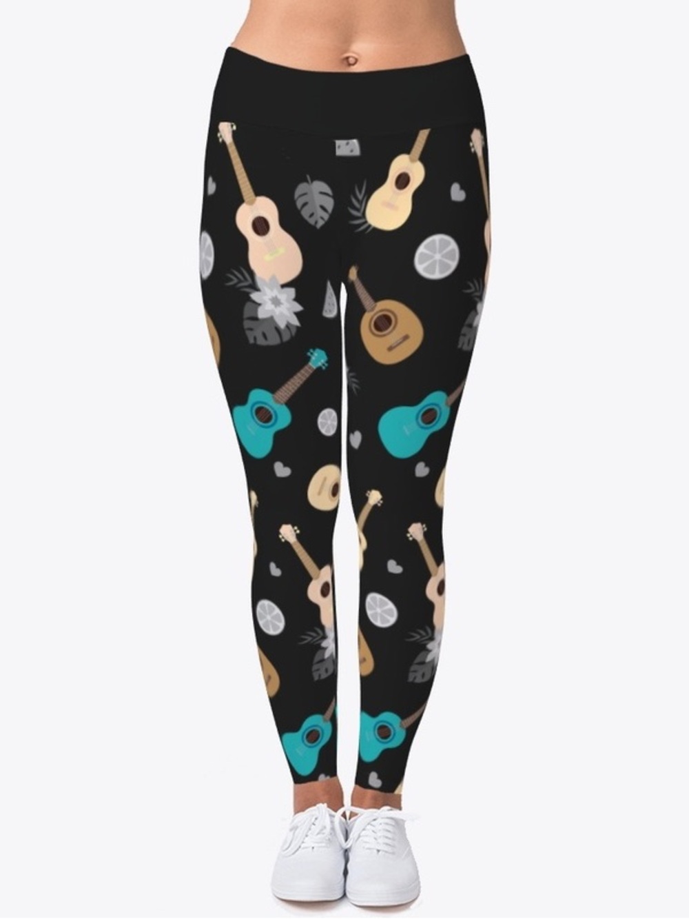Black Guitar/Ukulele Print Stretch Knit Full Length Leggings, Women's Medium
